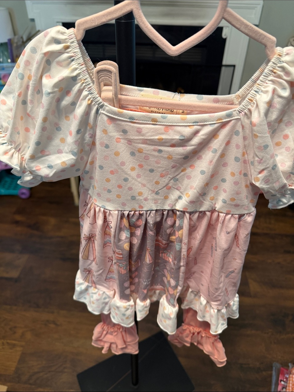 Girls Pink Polka Dot birthday Tiered Top with Ruffle pants NWT